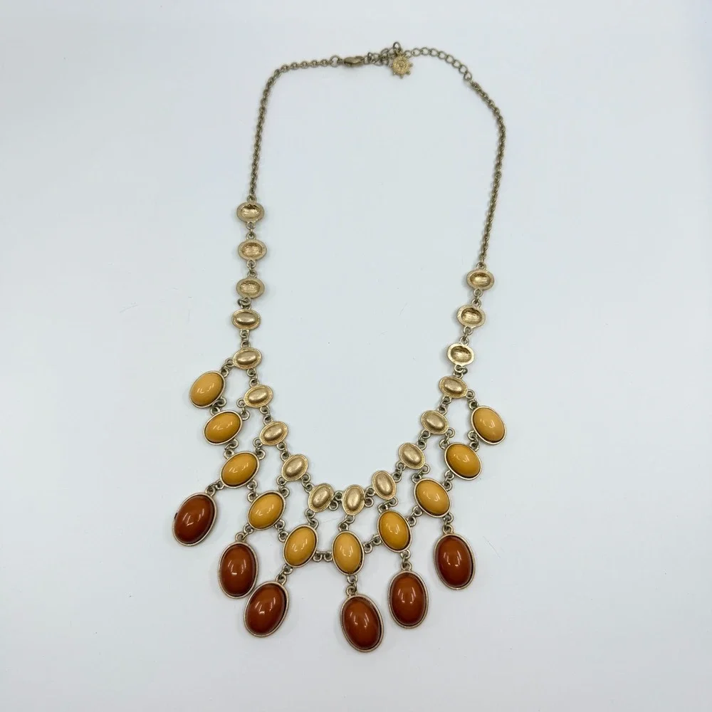 Vintage Amber & Yellow Cabochon Gold Tone Layered Bib Necklace