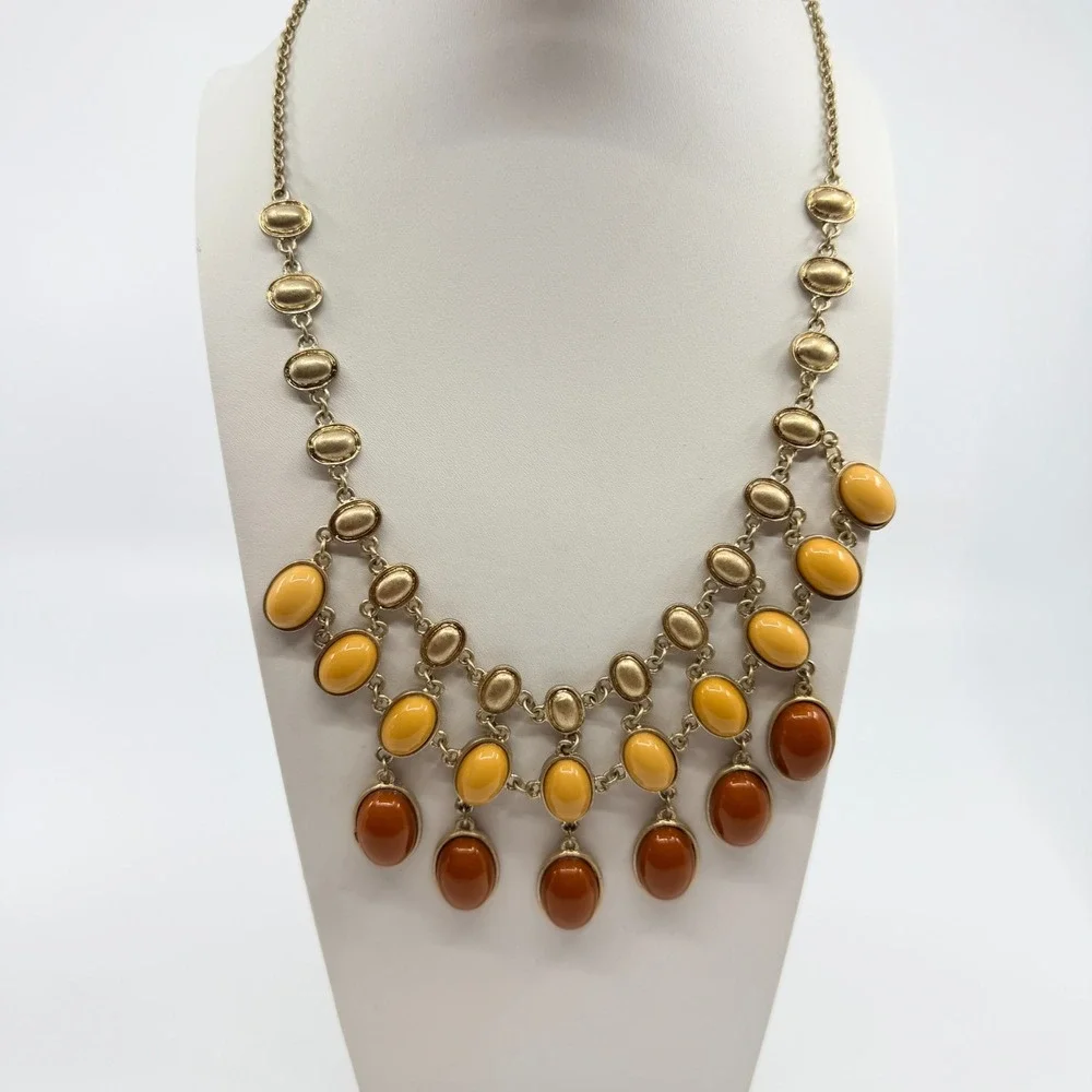 Vintage Amber & Yellow Cabochon Gold Tone Layered Bib Necklace