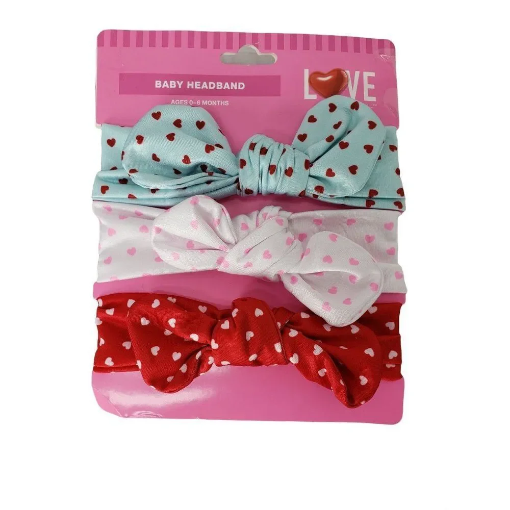 Infant Baby Soft Valentines Hearts Headband Bow 3‎ Pack heart pink blue red