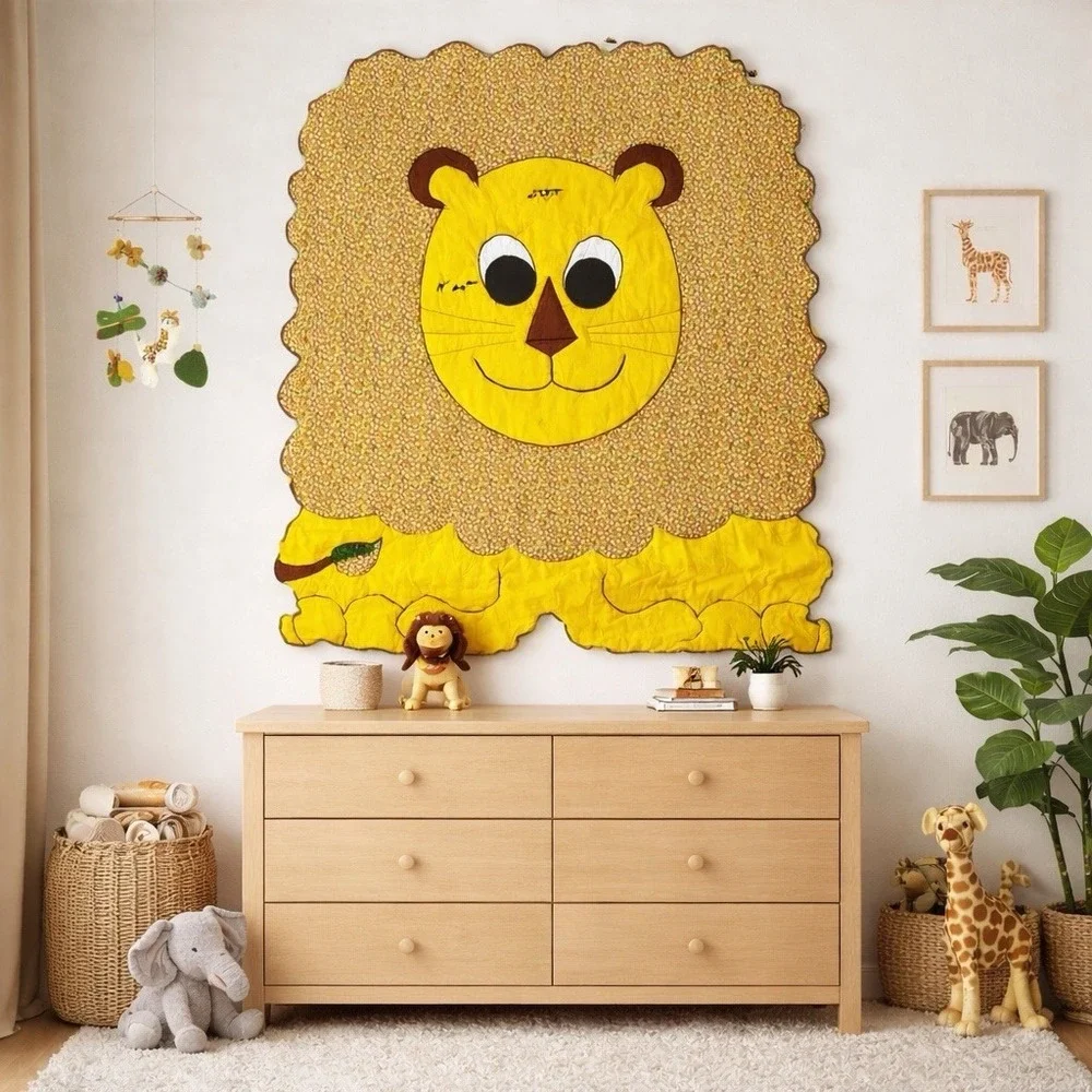 VTG 70s Lion Baby Quilt Blanket Nursery Retro Floral Yellow LRG 48x39 Handmade