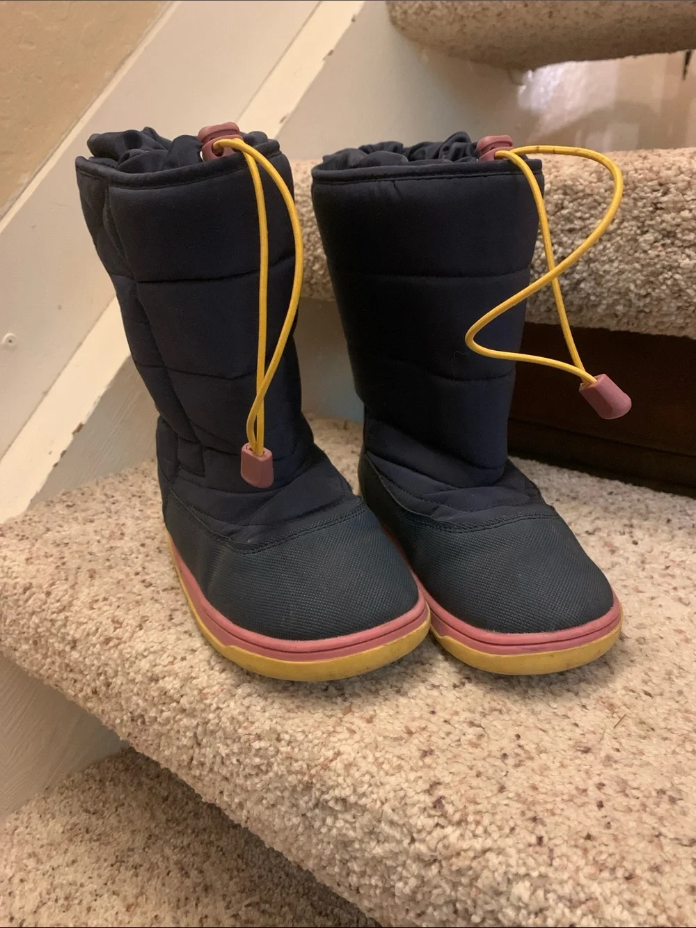 Kids Navy Winter Boots with Pink Trim and Yellow Drawcord