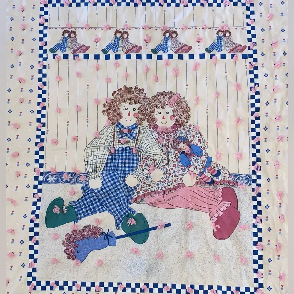 Vintage Raggedy Ann and Andy Tied Baby Quilt with Pink back