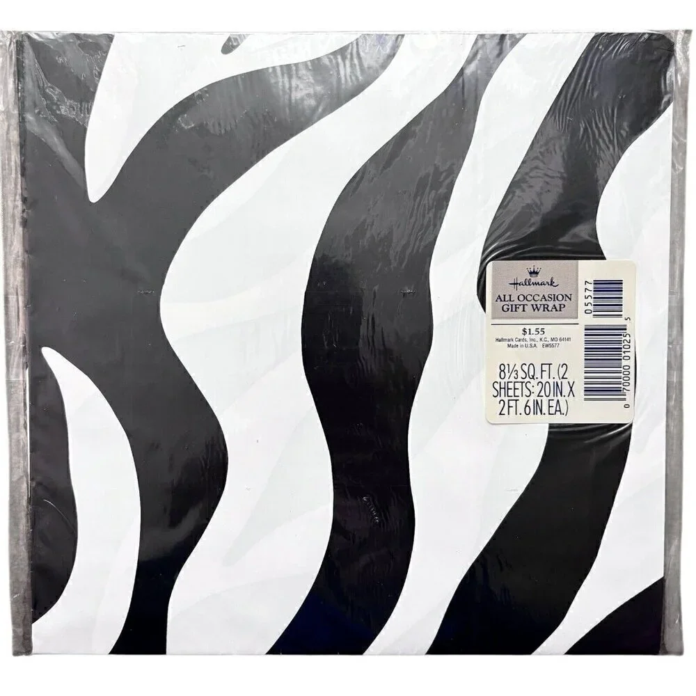 Zebra Pattern Hallmark VTG 90s Gift Wrap Paper NEW 8 1/3 Sq Ft (2 Sheets)