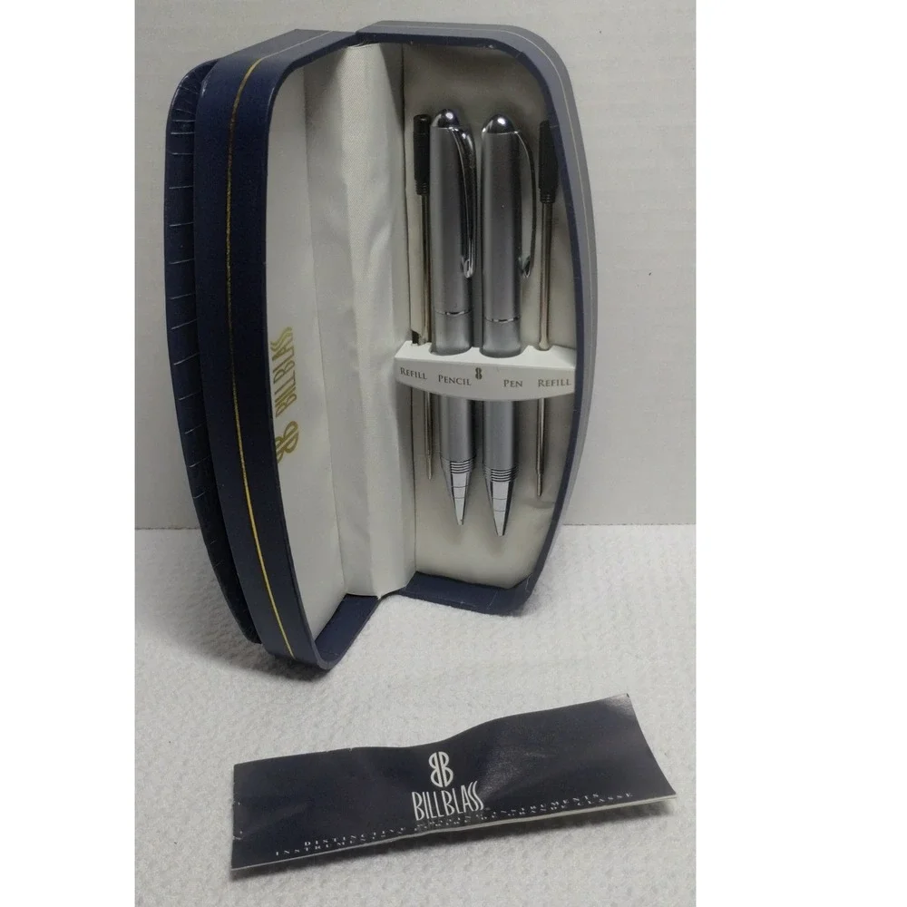 Bill Blass Silver Pen & Pencil Writing Instrument‎ Set with Case Refills