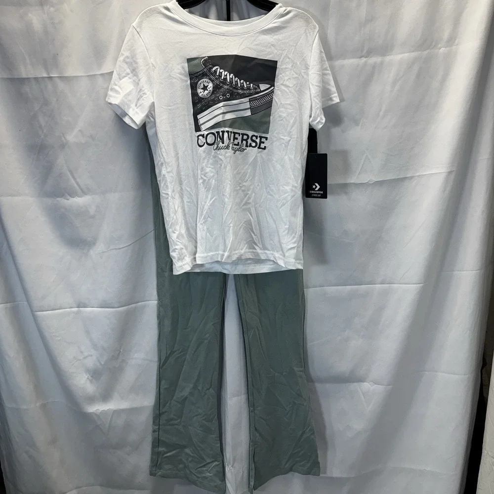 Converse Girls 2 Pc,‎ Size Large, Green Are Leggings White S/S Shirt NWT