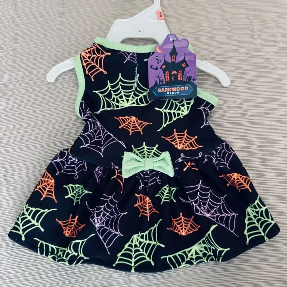 Halloween Spiderwebs Neon Print Dog Pet Fall Costume Dress XS