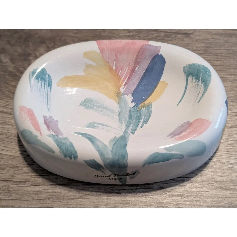 Vintage Ceramic Soap Dish Riviera Hand‎ Painted USA White Abstract Floral Pastel