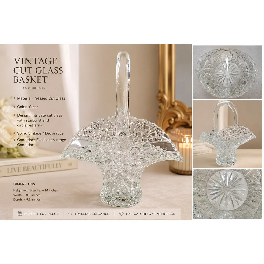 Vintage Clear‎ Cut Glass Basket Starburst Circle Pattern Decorative Centerpiece