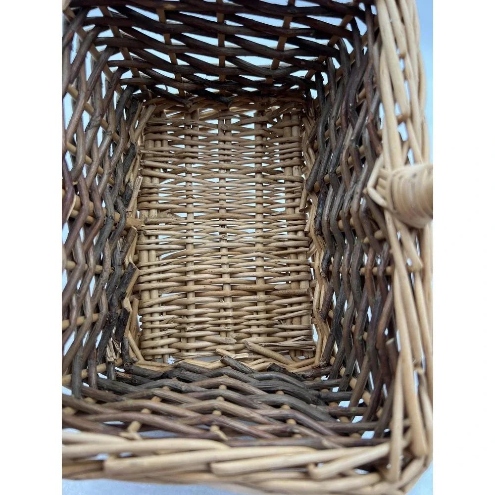 Small Rectangular Wicker Basket with Handle Natural Two-Tone Rustic Decor 9in