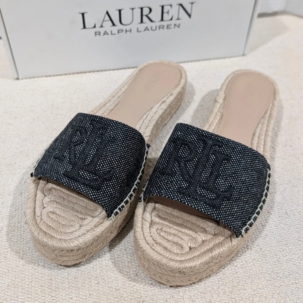 Lauren Ralph Lauren Polly Logo 2 Espadrille Slide Sandals‎ Natural Black 7B NIB