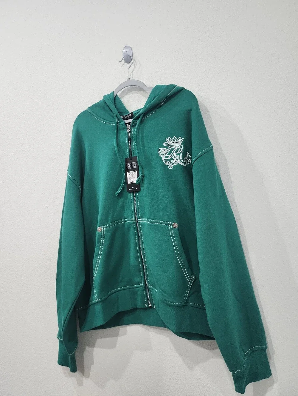 True Religion Logo Crest Big TR Boxy Zip-Up Hoodie Green Adult Size XL NWT