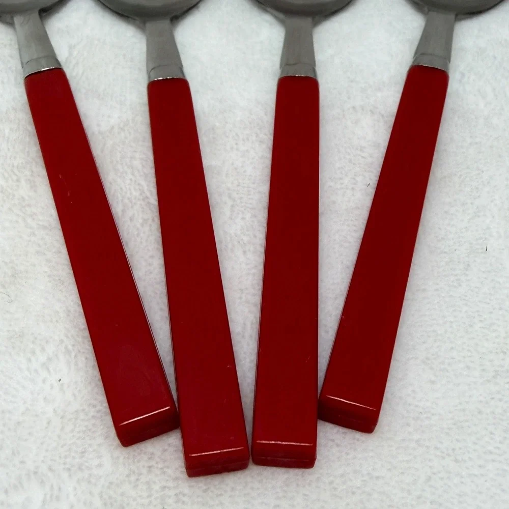 Vintage Red Bakelite Handle‎ Spoons Taiwan Set of 4 MCM 6.25 Inch