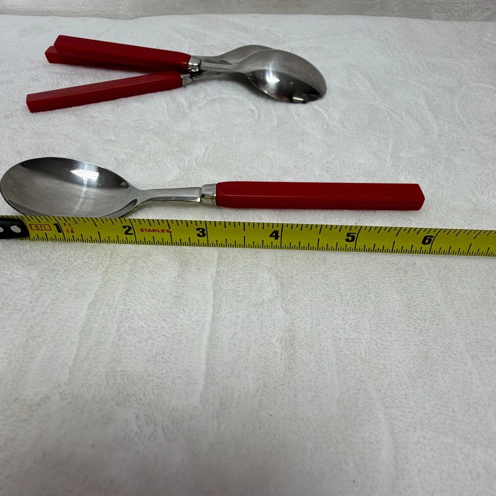 Vintage Red Bakelite Handle‎ Spoons Taiwan Set of 4 MCM 6.25 Inch