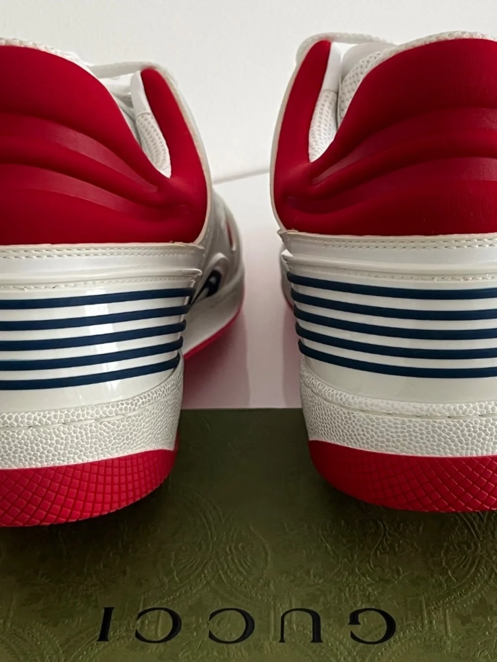 Gucci Men's Basket Sneakers Low Top Lace Up Red White Blue Size 10 US 10.5 New