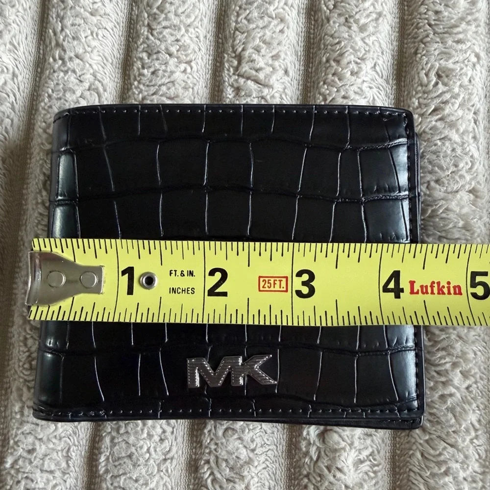 Michael‎ Kors Mens Black Croc Embossed Leather Bifold Wallet Silver MK Logo