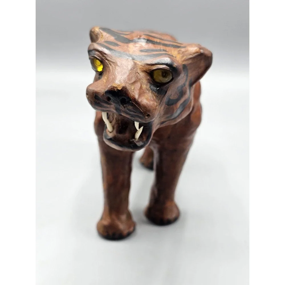Vintage Leather Wrapped Paper‎ Mache Bengal Tiger Figurine Yellow Glass Eyes 11