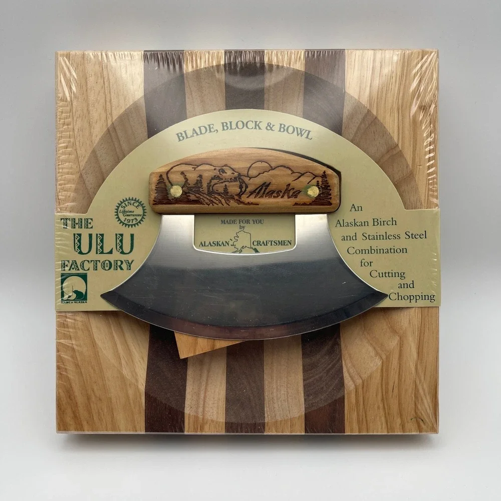 The Ulu Factory Brown Chopping Bowl with Ulu Knife Birch Walnut Set