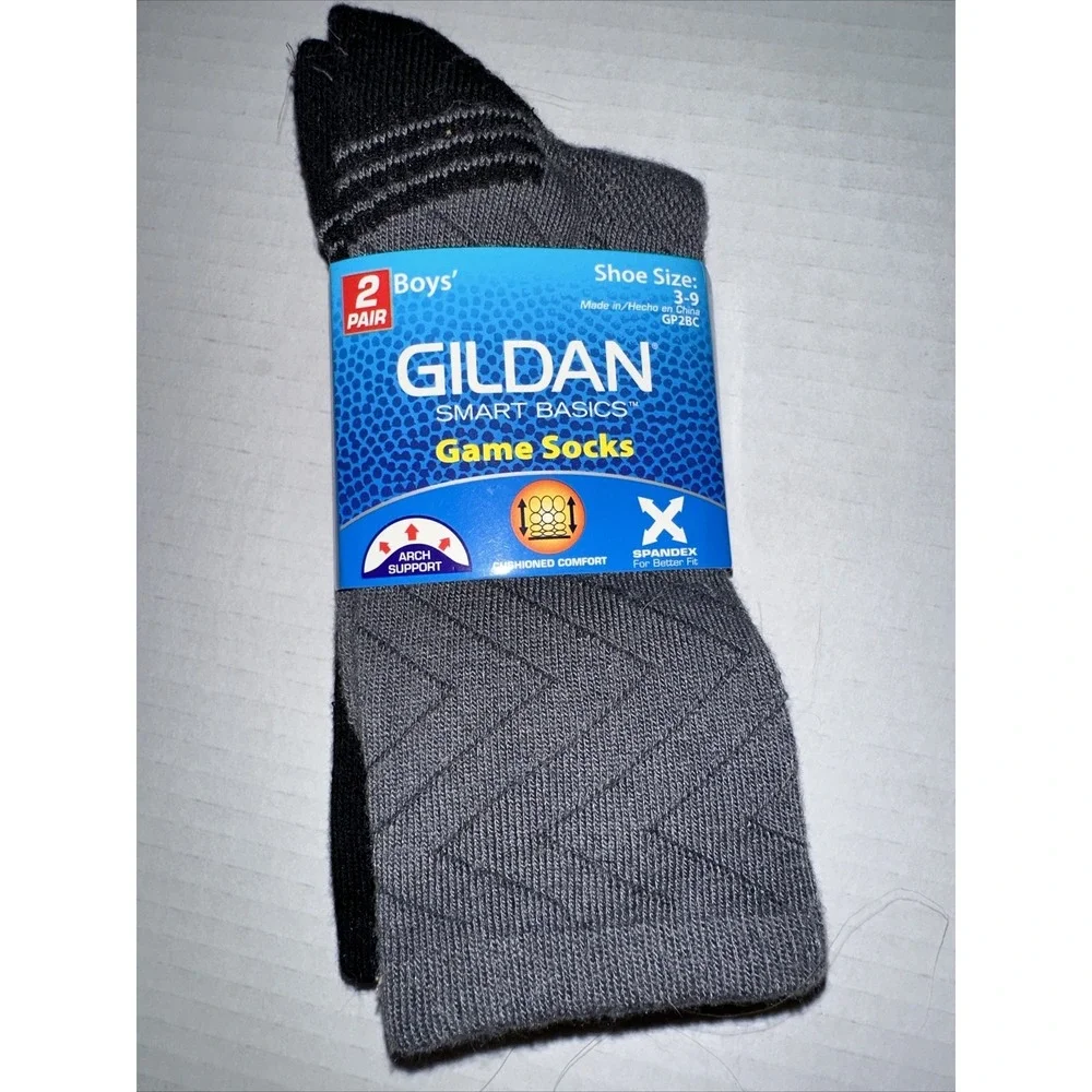 Gildan Smart Basics Boys Game‎ Socks 2 Pair Pack Grey Black Shoe Size 3-9 GP2BC