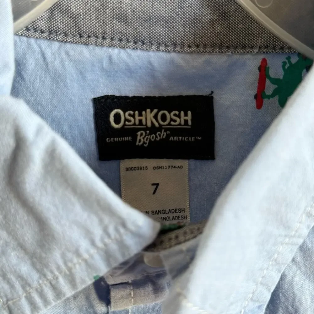 OshKosh B'gosh Blue and Green Casual Button Down Shirt Skateboarding Dinosaurs 7