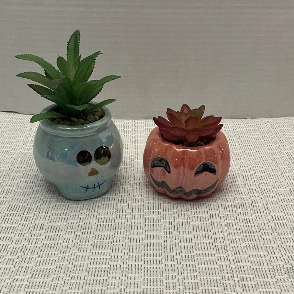 Ceramic Halloween Pumpkin & Skull succulent Planters in Pink and Iridescent Blue