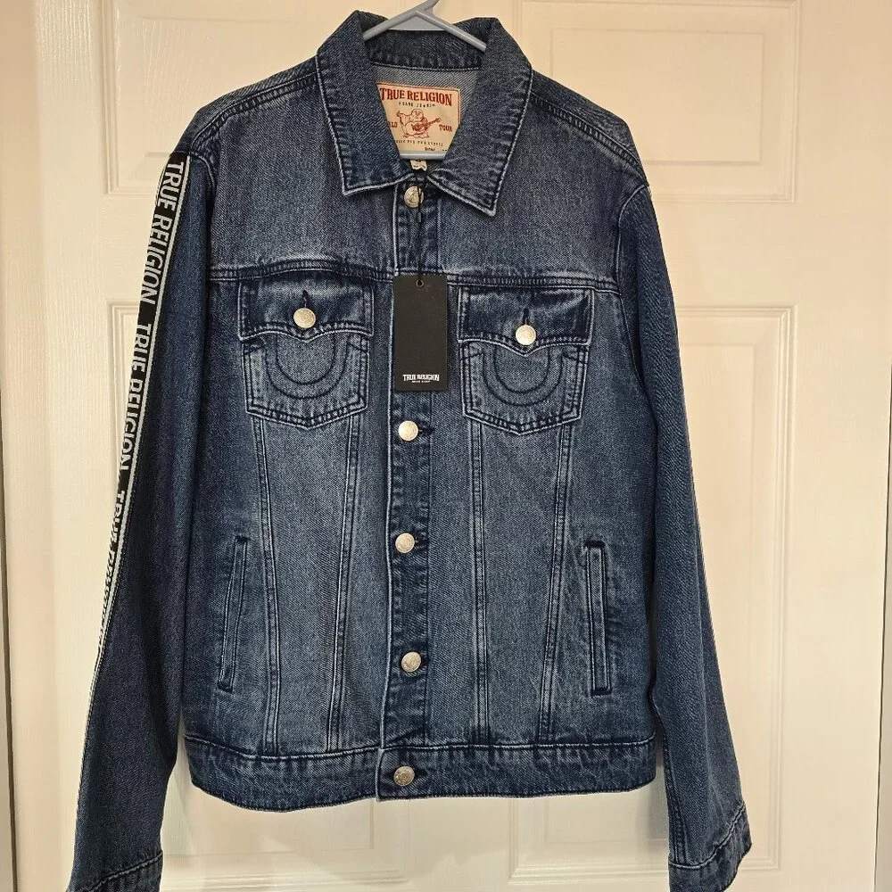 True Religion Men's Logo‎ Taping Denim SN Jacket Tide Wash Color Size Large NWT