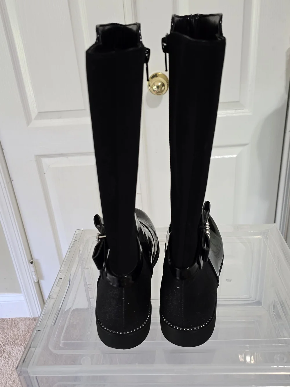 Childrens Place Black Patent Knee-High Boots with Decorative Buckle