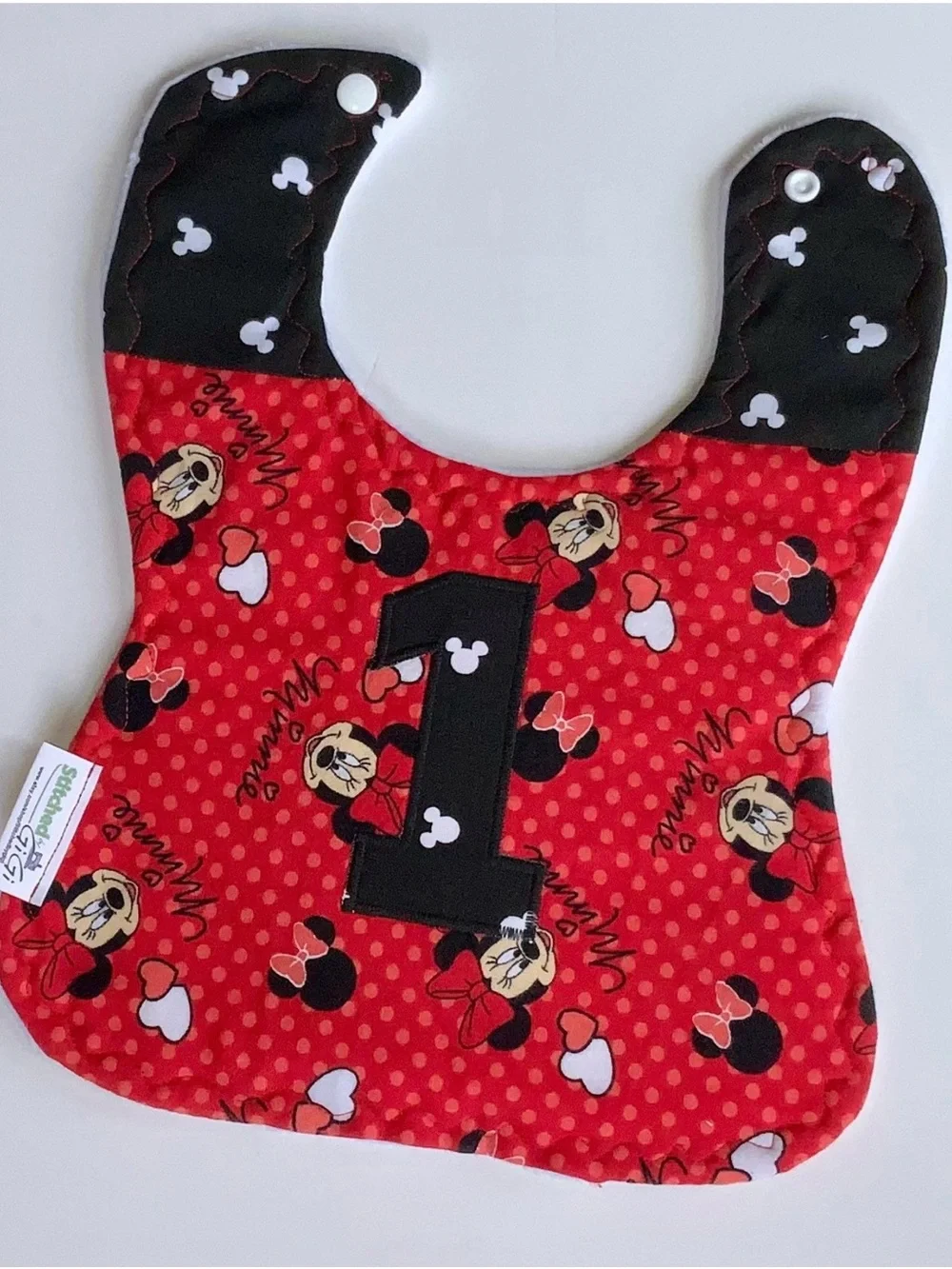 Red Minnie Mouse First Birthday Bib with Appliquéd Number 1