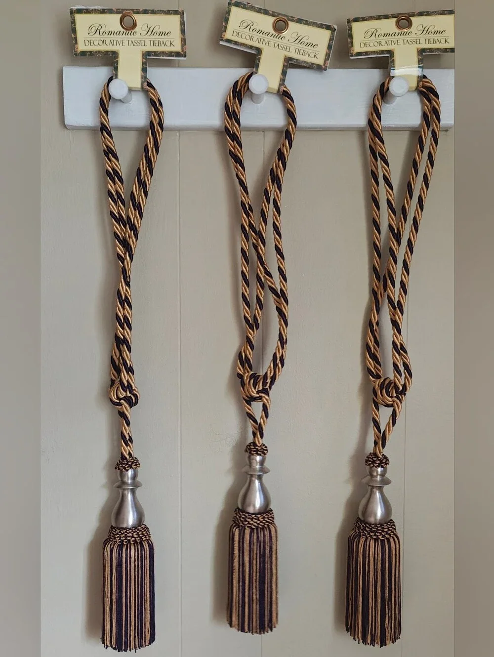 Elegant Decorative Gold and Purple Curtain TieBacks With Tassels Set Of 3.