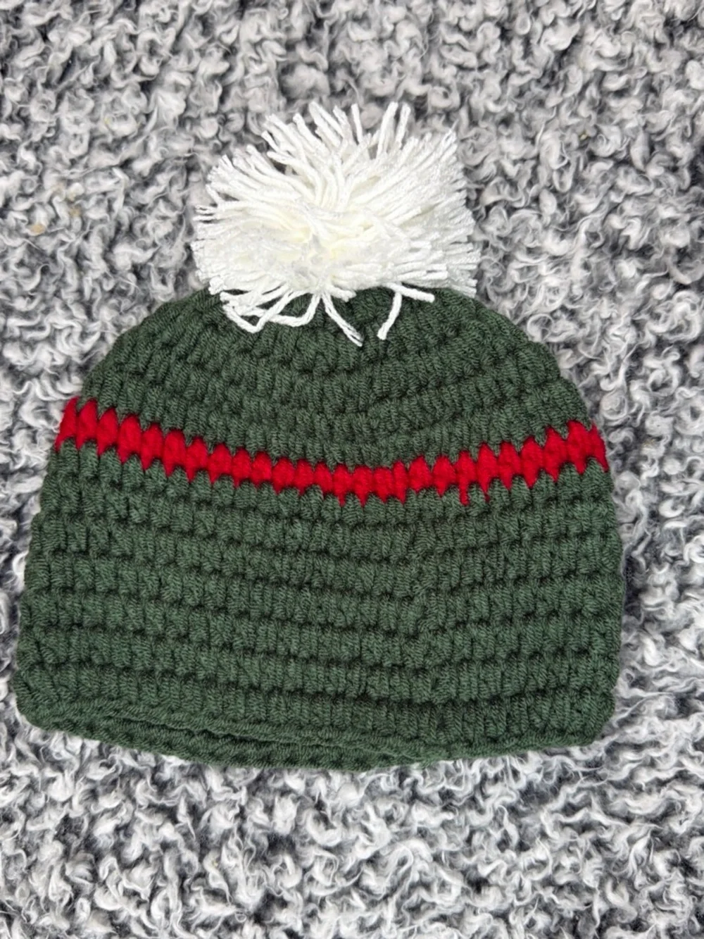 Cozy Kids Green Crochet Beanie with White Pom and Red Stripe