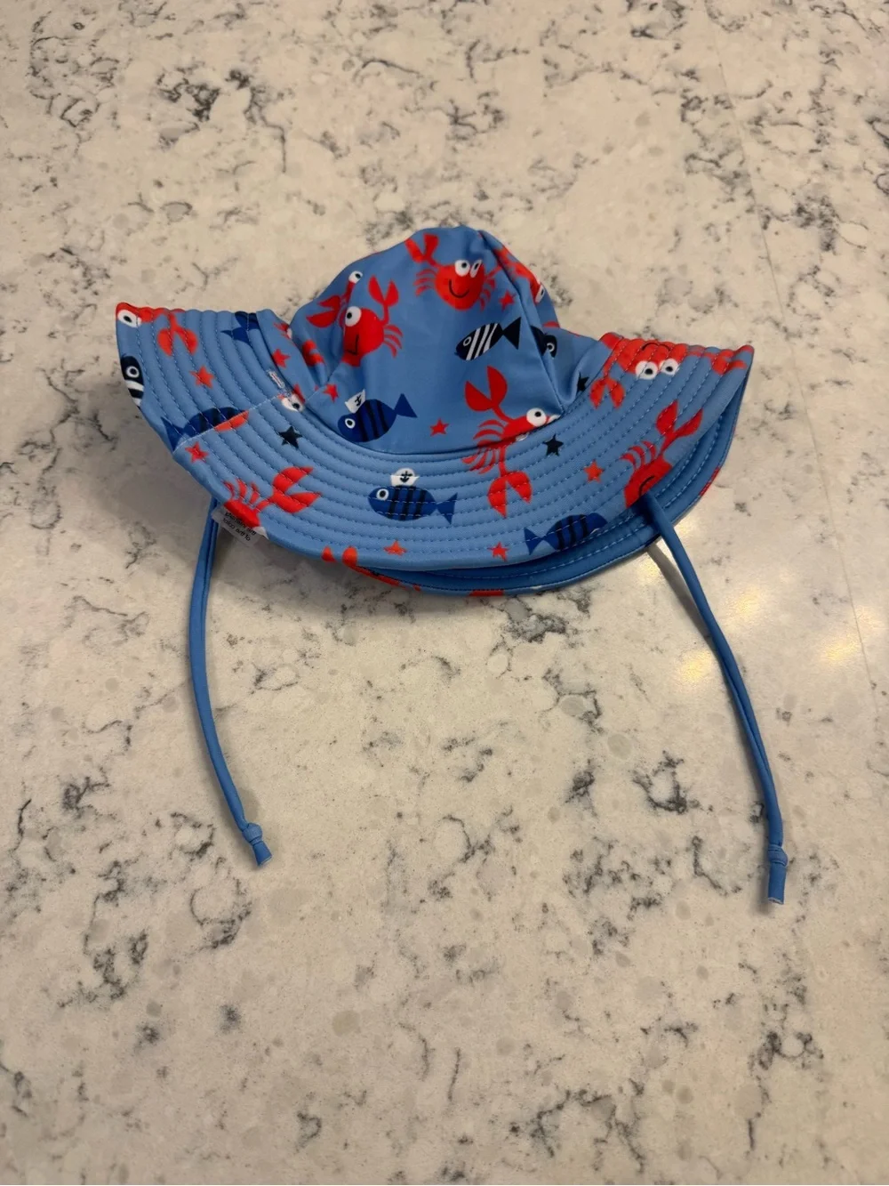 Shark Patrol Blue Sun Hat with Red Crab & Fish Print. Chin strap. 6mo. Swimming