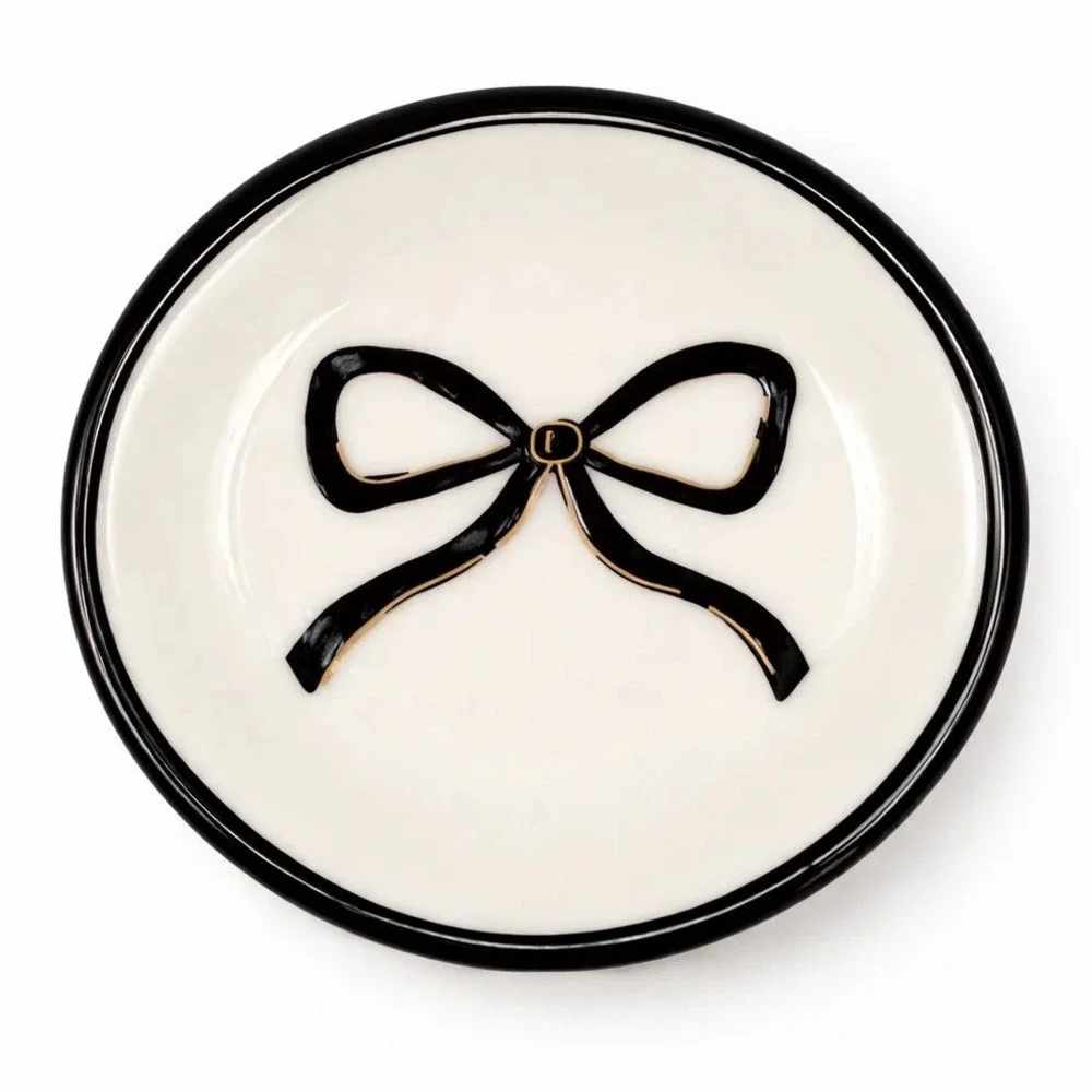 Black Bow Ceramic Trinket Dish Jewelry‎ Ring Tray White Gold