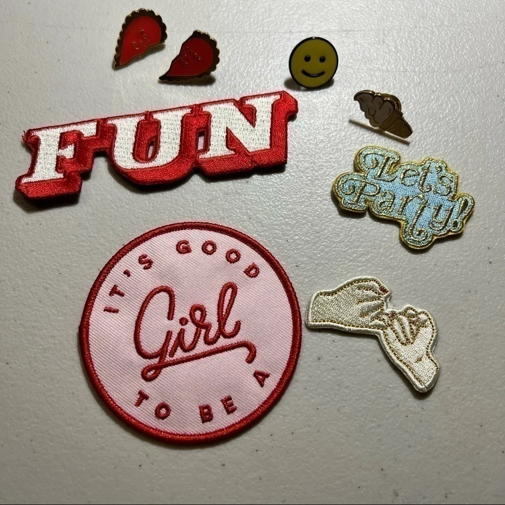 (Lot of 8) Enamel Pins and Patches (4 pins) (4 patches) Party Girl Heart Fun