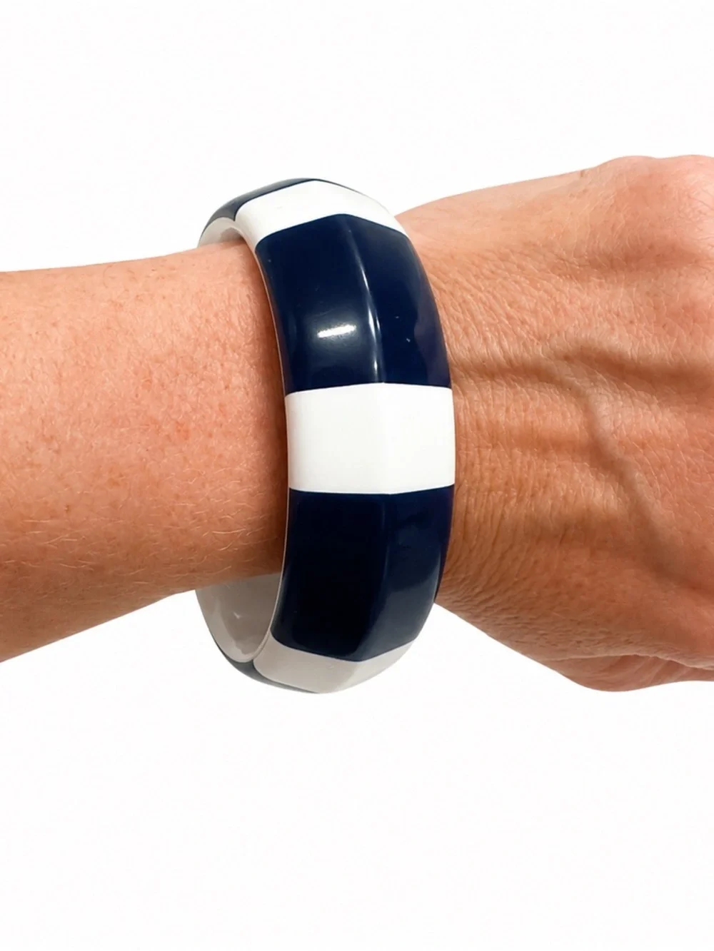 Vintage Navy Blue & White Striped Lucite‎ Acrylic Chunky Bangle Bracelet Retro