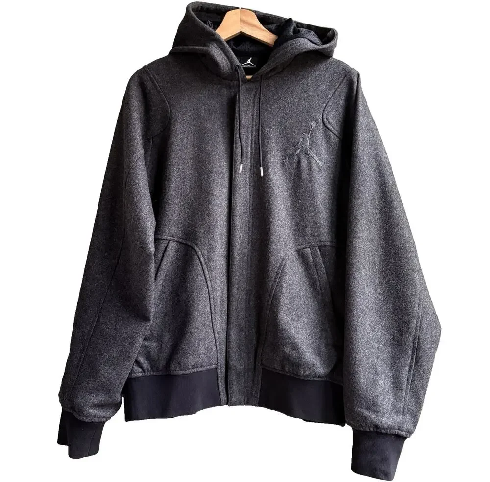 Nike Jordan Jumpman Wool‎ Blend Hooded Varsity Jacket Bomber Snap Black Gray M
