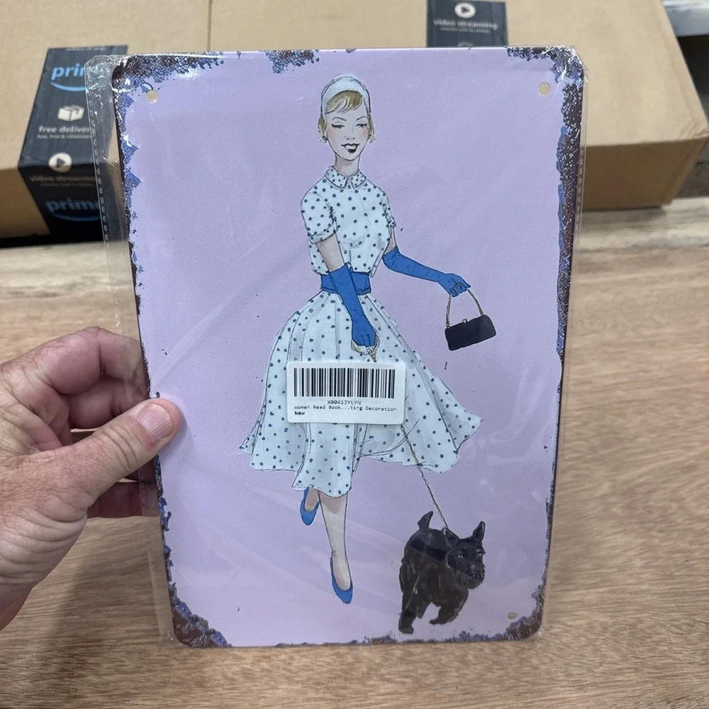 Metal Wall Sign Decor Woman‎ In Blue Dress With A Black Dog
