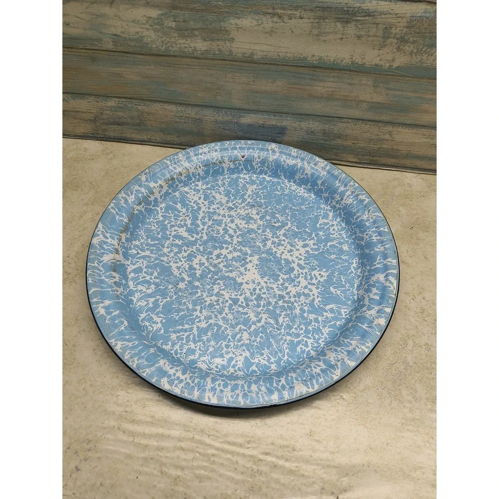 Vtg Graniteware Pie Plate Blue White‎ Splatter Enamel Retro Farmhouse Rustic