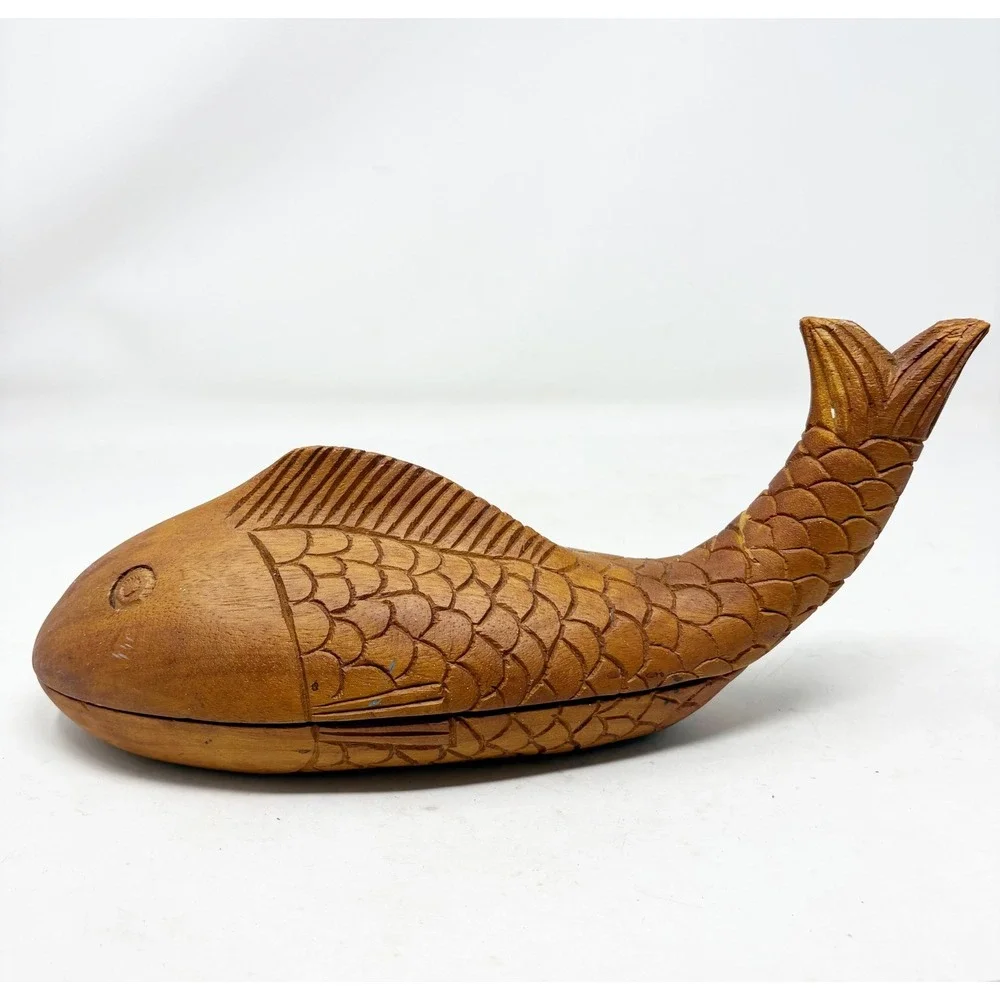 Hand Carved Wooden Fish Trinket Box Nautical‎ Coastal Decor Brown Storage 11.5in