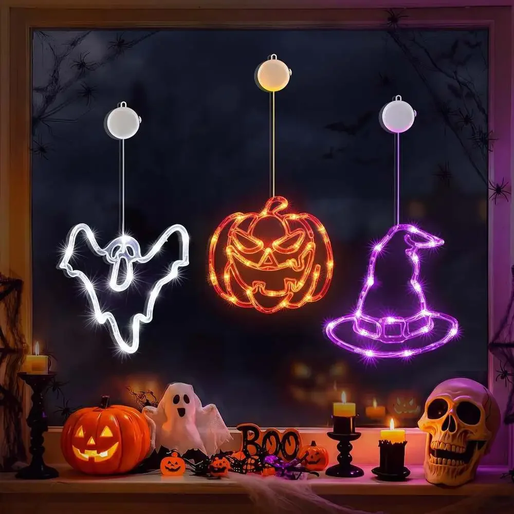 Halloween Window Lights 3 Pack Pumpkin Ghost Hat Battery Operated with Timer