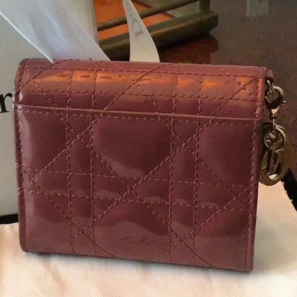 Authentic Lady Dior Lotus Trifold Patent Leather Compact Folding Wallet with COA