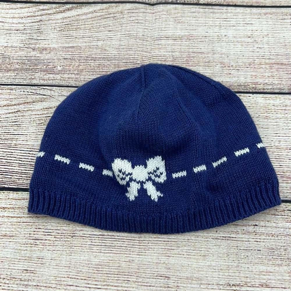 Janie and Jack Blue Knit Hat with White Bow Detail Sz 0-3 Months