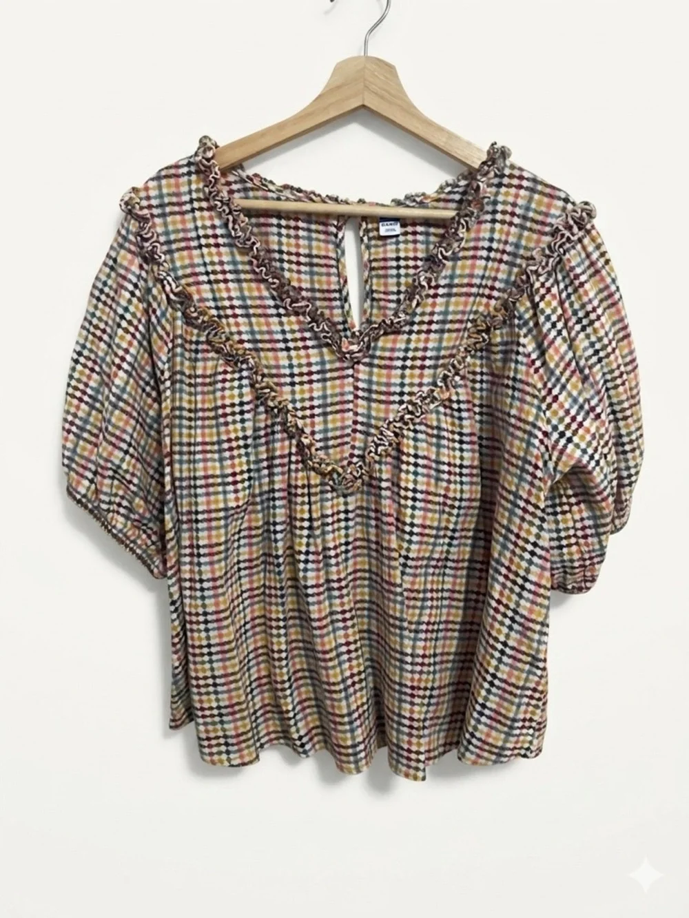 Old Navy Women’s Western Boho Textured Plaid Ruffle-Trim Peasant Top XL 🌼 🤎