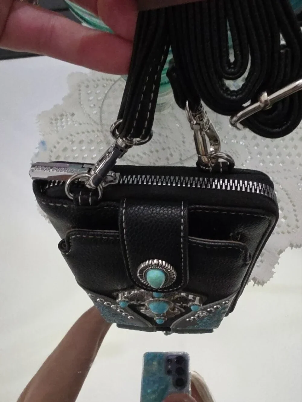 Montana West Black Phone Wallet Case with Turquoise Cross Accent And Crossbody