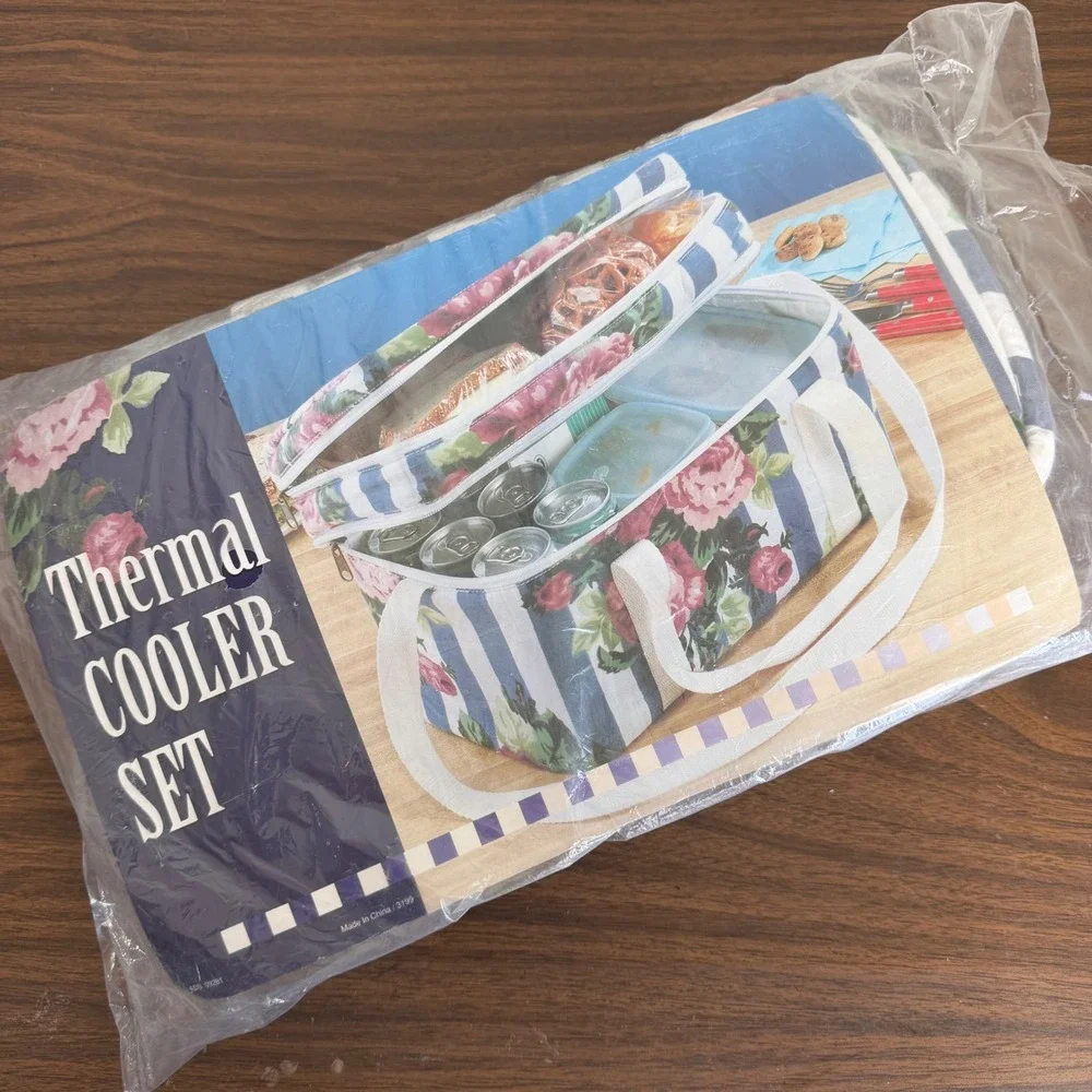 Vintage Floral Stripe Thermal Cooler Bag Blue Pink Insulated Picnic Tote New