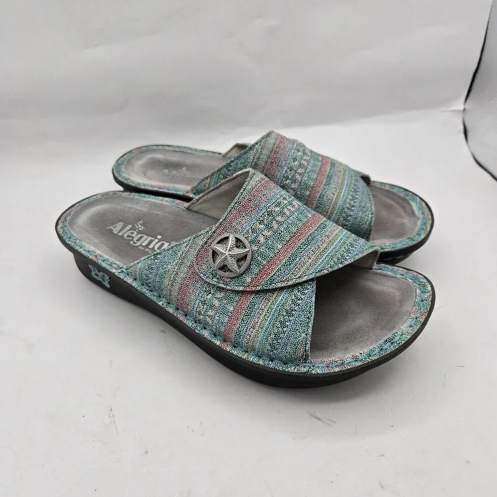 ALEGRIA Kylee Leather Printed Slide Sandals Seascape Starfish EU 37 US 6.5‎