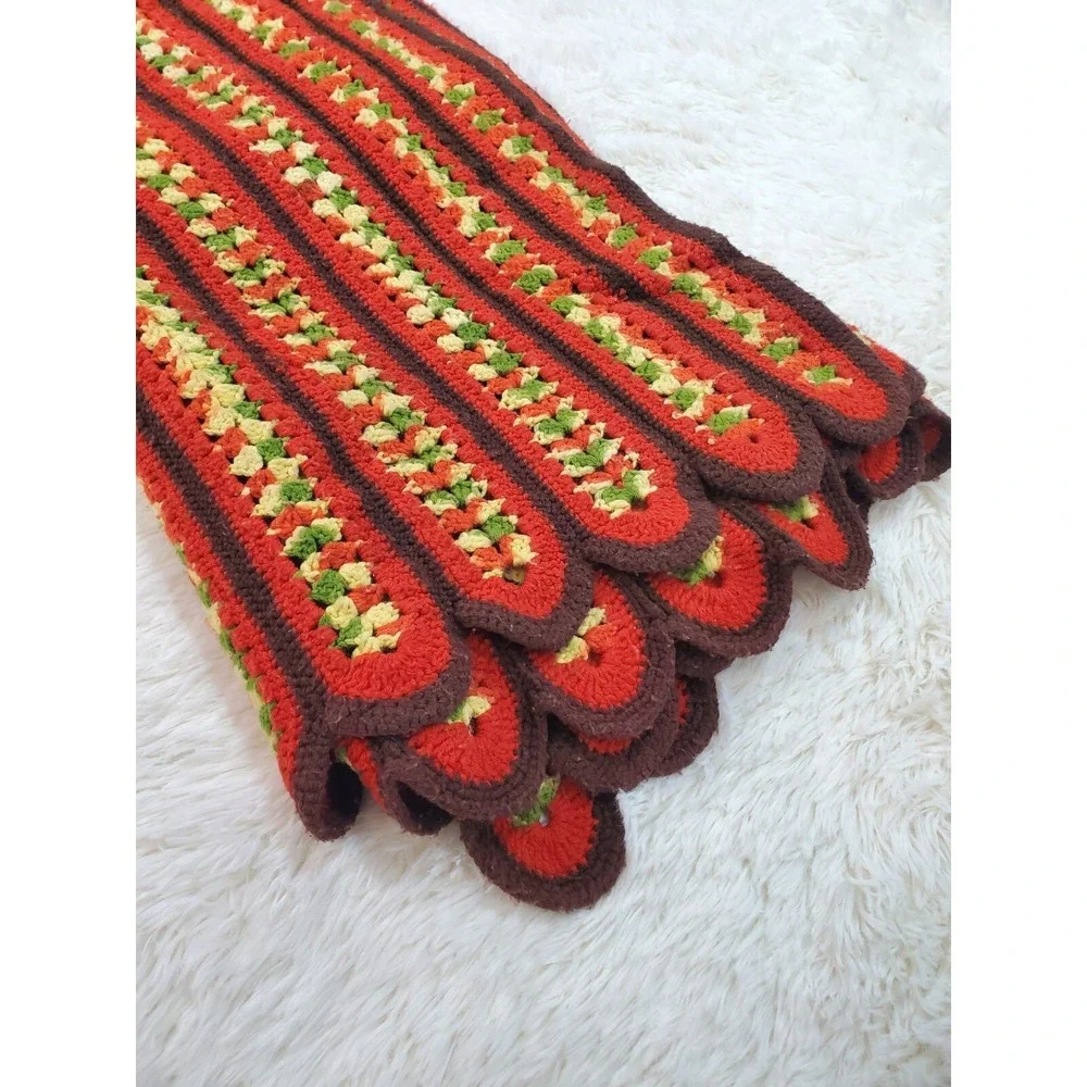 Vintage‎ Afghan 70s Throw Blanket Scalloped Red Yellow Brown Green Stripe 59x50