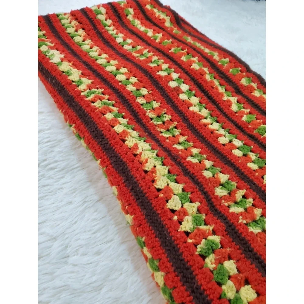 Vintage‎ Afghan 70s Throw Blanket Scalloped Red Yellow Brown Green Stripe 59x50