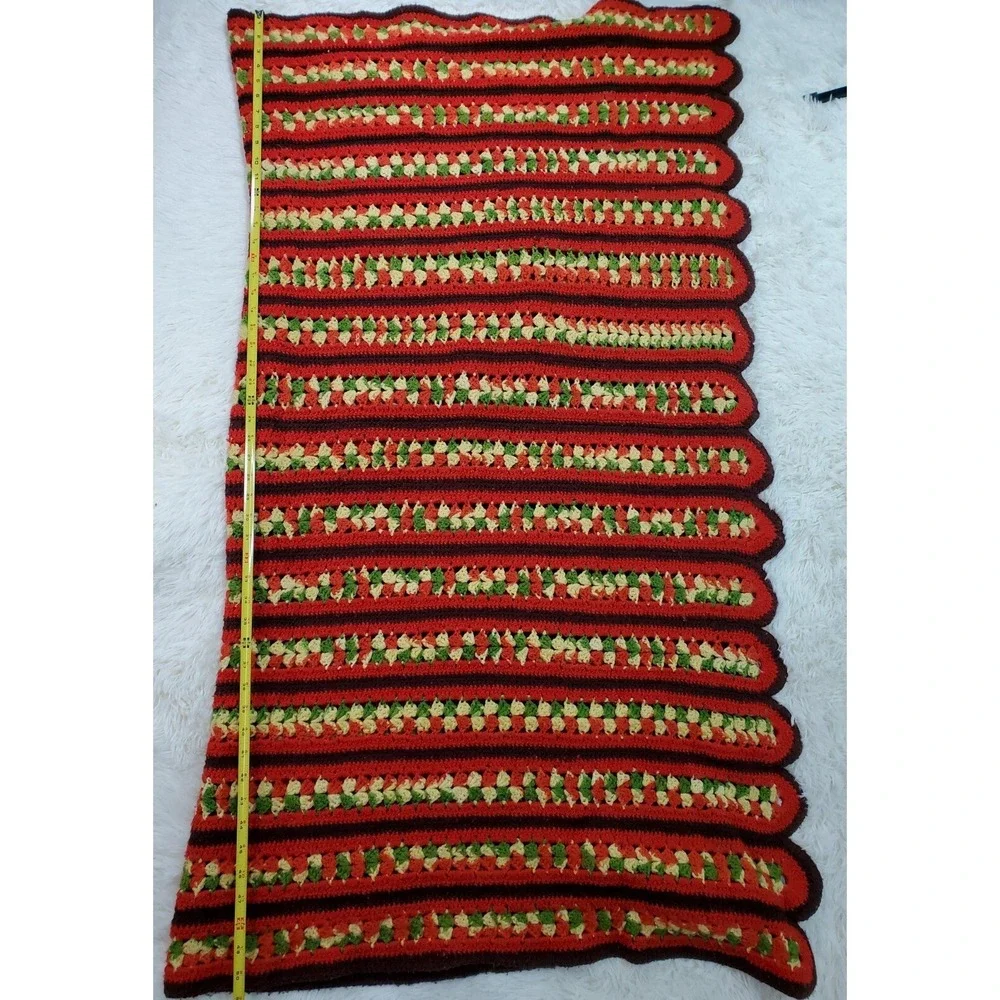 Vintage‎ Afghan 70s Throw Blanket Scalloped Red Yellow Brown Green Stripe 59x50