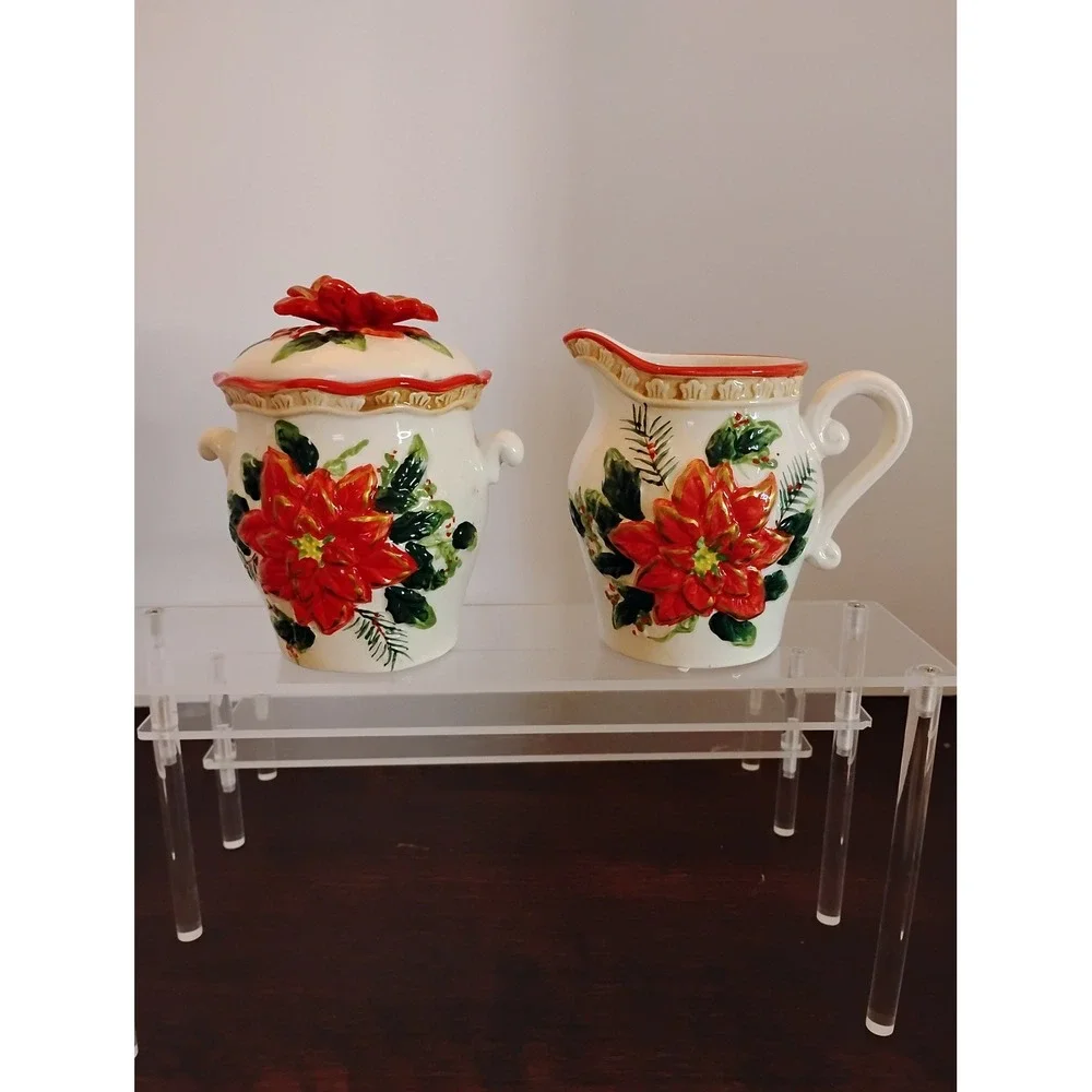 Holiday Ceramic Sugar and Creamer Set Poinsettia Christmas Floral Red‎ White