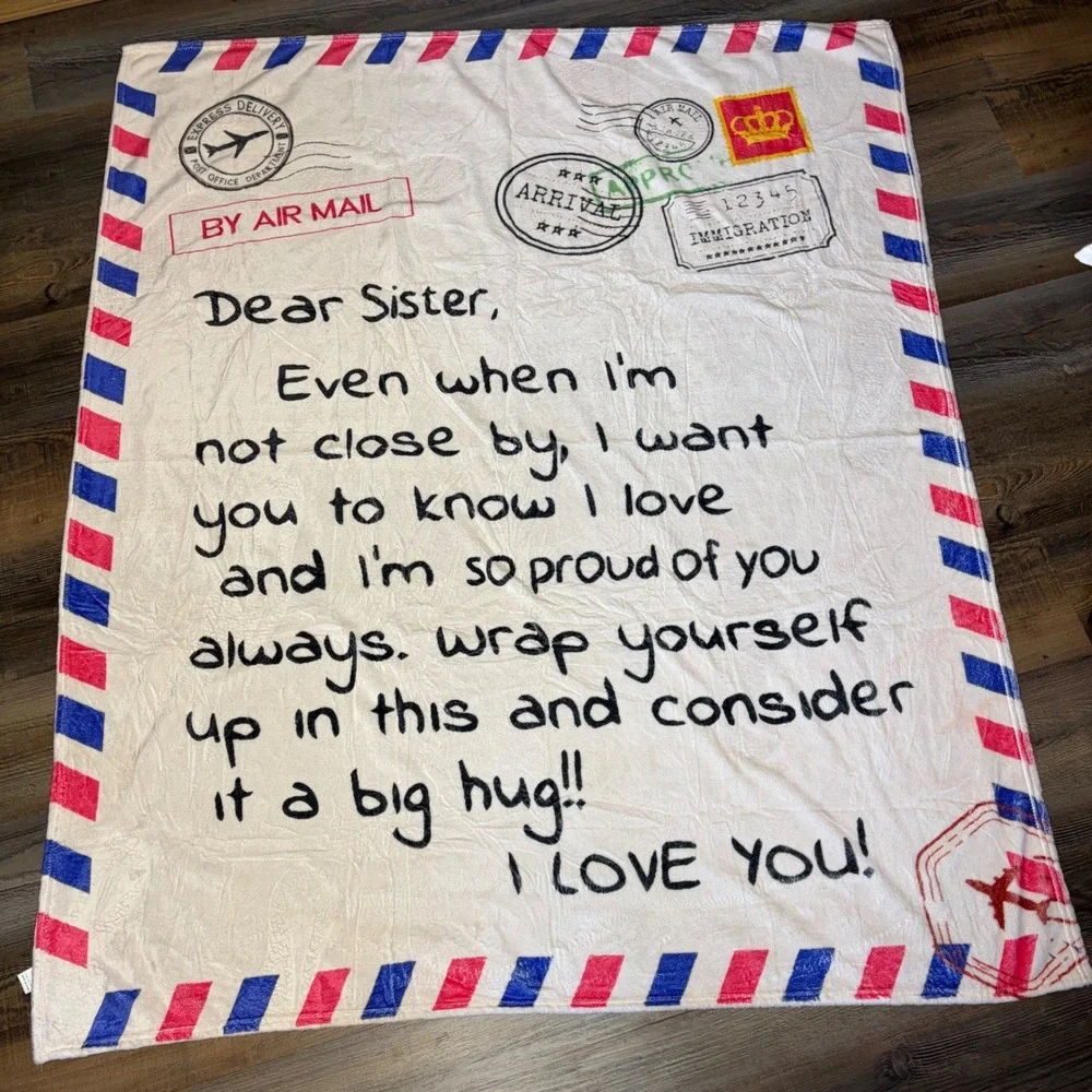 Dear Sister Airmail Letter Fleece Throw Blanket White‎ Red Blue 50x60 Gift Throw