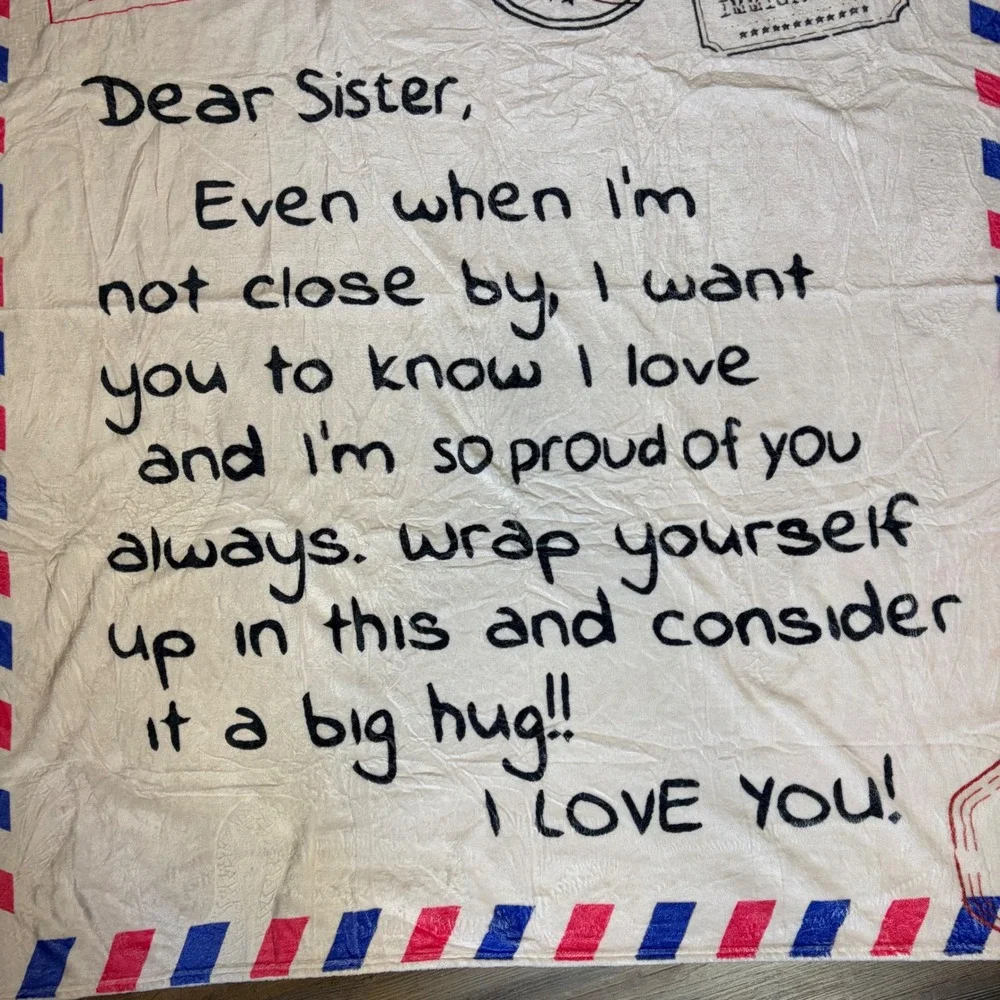Dear Sister Airmail Letter Fleece Throw Blanket White‎ Red Blue 50x60 Gift Throw